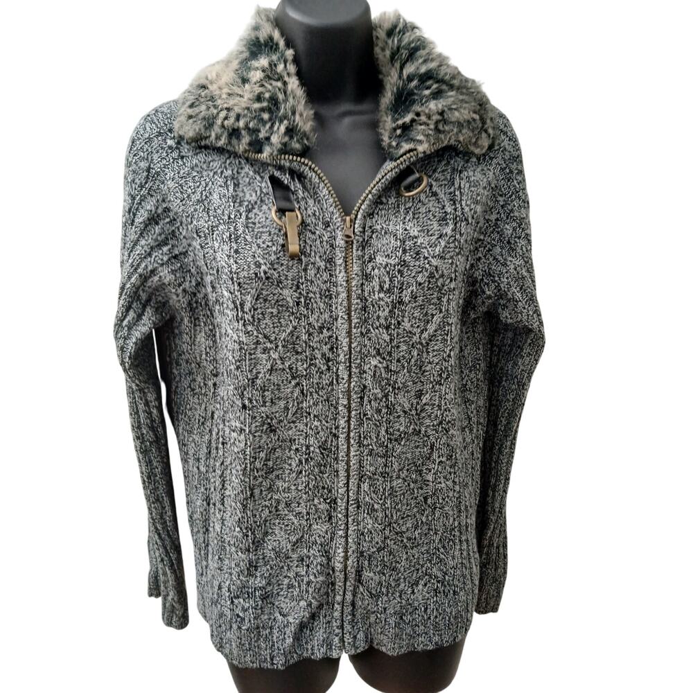 Vintage the Sweater Project Blk/Wht Fall Cardigan Faux Fur Collar Zip Front sz X